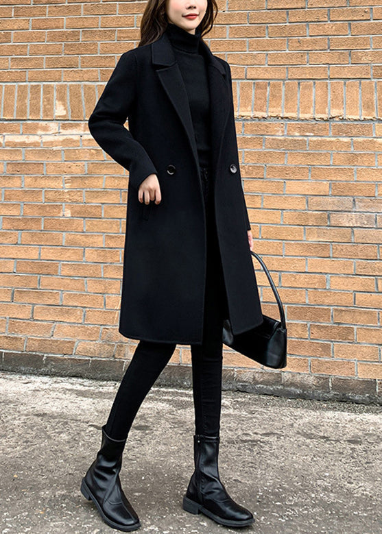 Slim Fit Black Notched Button Solid Woolen Coats Fall