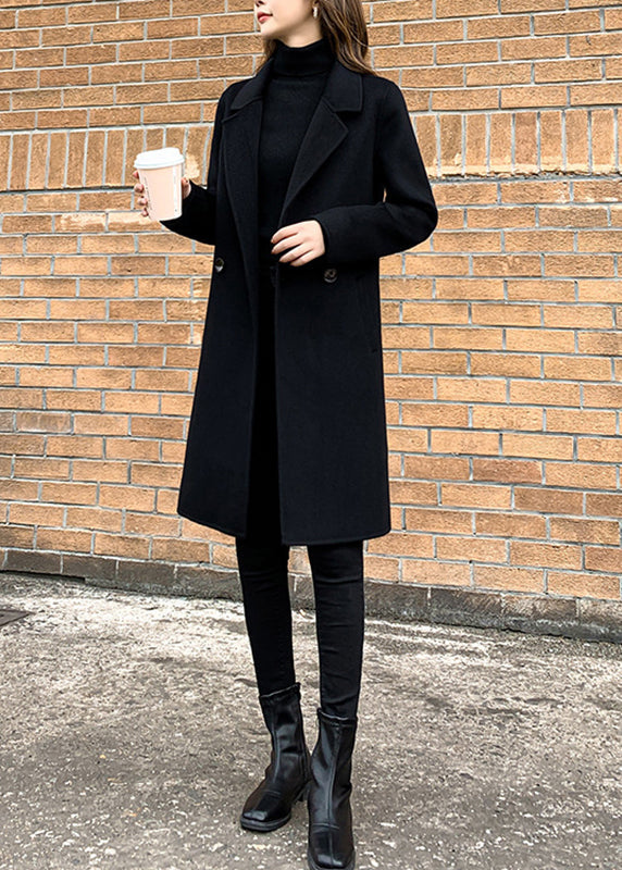 Slim Fit Black Notched Button Solid Woolen Coats Fall