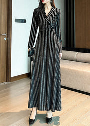 Slim Fit Black Notched Striped Maxi Dresses Long Sleeve