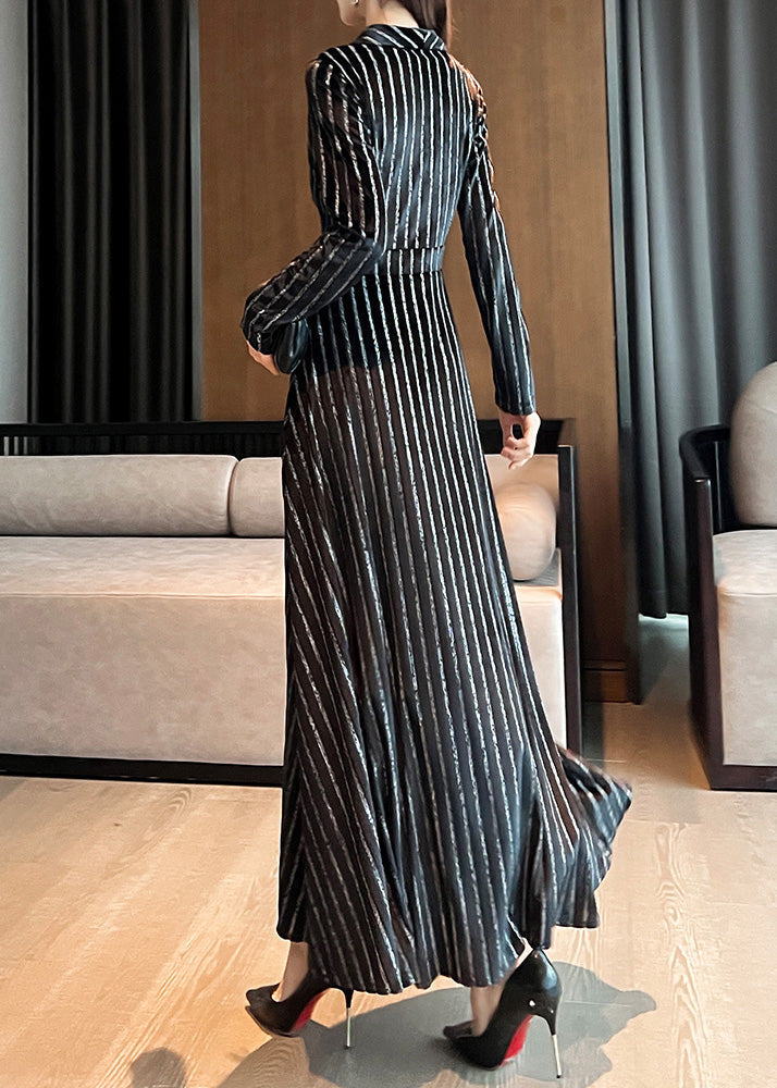 Slim Fit Black Notched Striped Maxi Dresses Long Sleeve