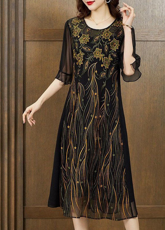 Slim Fit Black O Neck Patchwork Embroideried Silk Dresses Summer