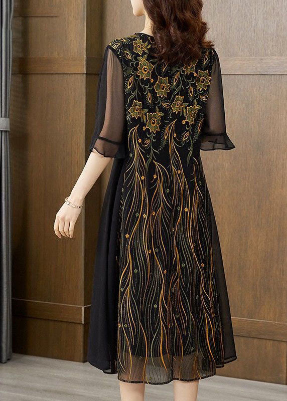 Slim Fit Black O Neck Patchwork Embroideried Silk Dresses Summer