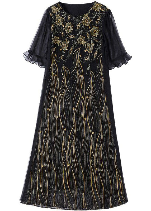 Slim Fit Black O Neck Patchwork Embroideried Silk Dresses Summer