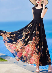 Slim Fit Black O-Neck Print Chiffon Long Dresses Summer