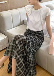 Slim Fit Black Plaid Wrinkled High Waist Chiffon Skirt Summer