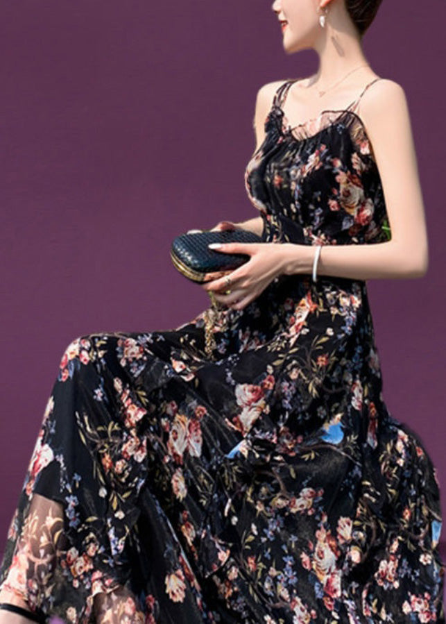 Slim Fit Black Slash Neck Ruffled Print Chiffon Long Slip Dress Summer