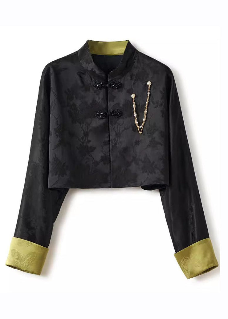 Slim Fit Black Stand Collar Embroideried Button Silk Linen Coat Long Sleeve