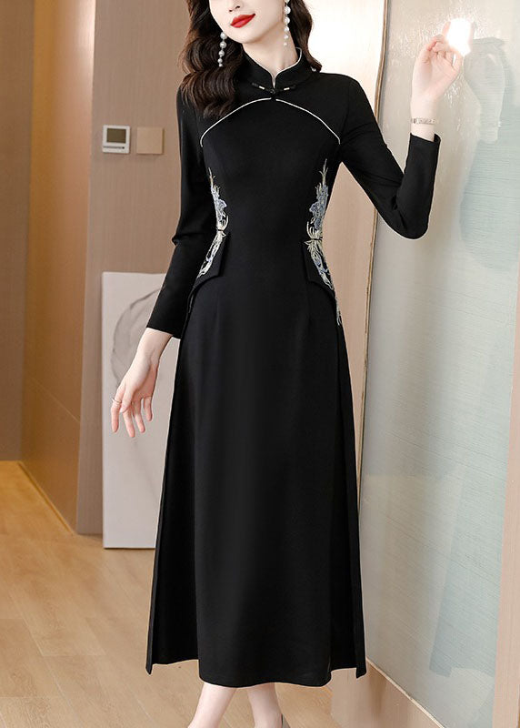 Slim Fit Black Stand Collar Embroidered Patchwork Maxi Dress Fall