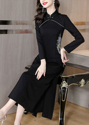 Slim Fit Black Stand Collar Embroidered Patchwork Maxi Dress Fall