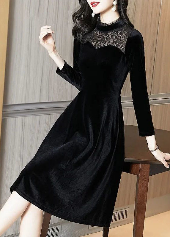 Slim Fit Black Stand Collar Lace Patchwork Silk Velour Party Dress Spring