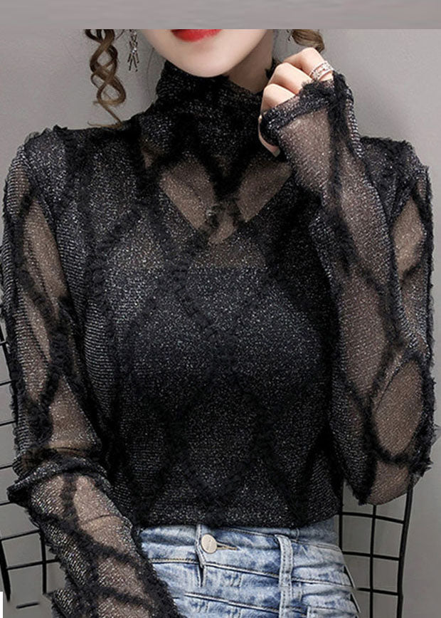 Slim Fit Black Turtle Neck Lace Patchwork Tulle Top Long Sleeve