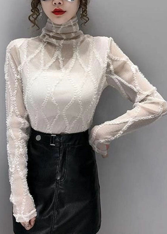 Slim Fit Black Turtle Neck Lace Patchwork Tulle Top Long Sleeve