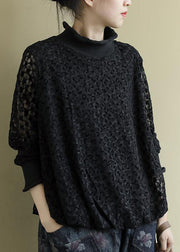 Slim Fit Black Turtleneck Lace Top Long Sleeve