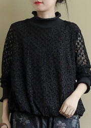 Slim Fit Black Turtleneck Lace Top Long Sleeve