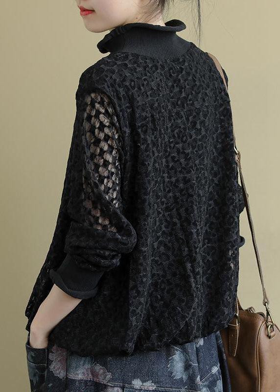 Slim Fit Black Turtleneck Lace Top Long Sleeve