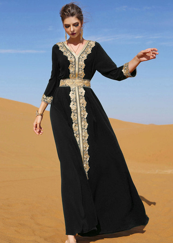 Slim Fit Black V Neck Lace Patchwork Party Maxi Dress Long Sleeve