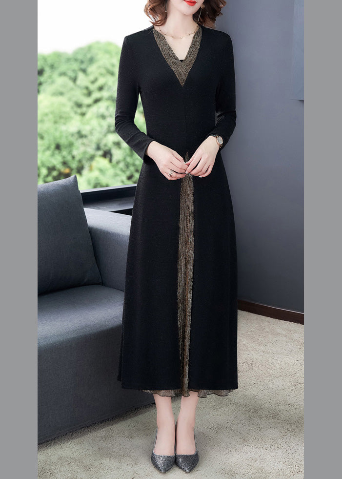 Slim Fit Black V Neck Patchwork Fake Two Pieces Maxi Dress Long Sleeve