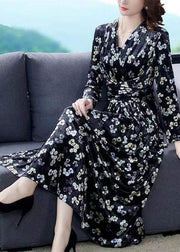 Slim Fit Black V Neck Print Silk Velour Long Dress Spring