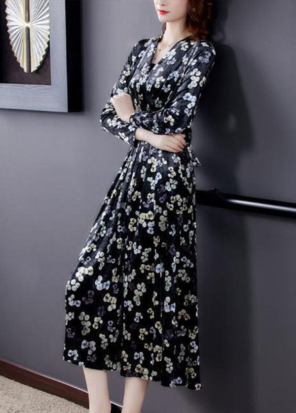 Slim Fit Black V Neck Print Silk Velour Long Dress Spring