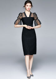 Slim Fit Black V Neck Tulle Patchwork Cotton Dress Flare Sleeve