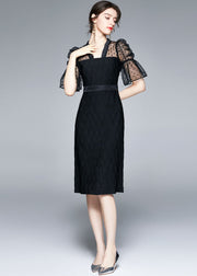 Slim Fit Black V Neck Tulle Patchwork Cotton Dress Flare Sleeve