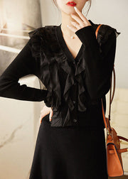 Slim Fit Black V Neck Tulle Patchwork Knit Top Long Sleeve