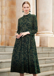 Slim Fit Blackish Green Print Wrinkled High Waist Knit Maxi Dresses Long Sleeve