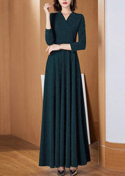 Slim Fit Blackish Green V Neck Wrinkled Dress Long Sleeve