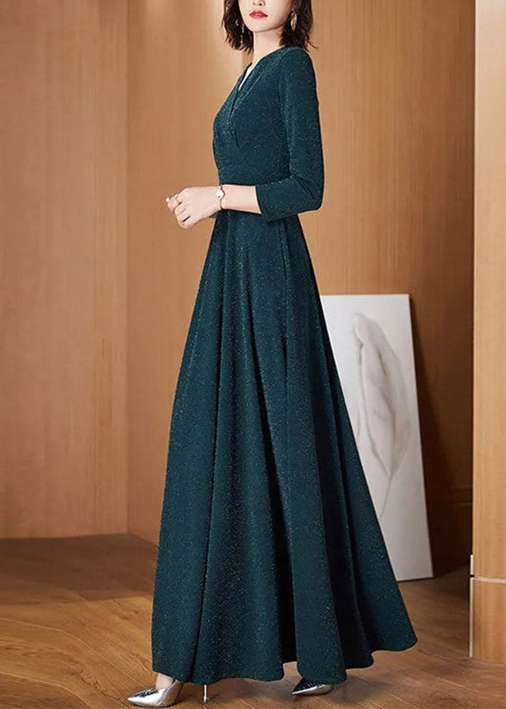 Slim Fit Blackish Green V Neck Wrinkled Dress Long Sleeve