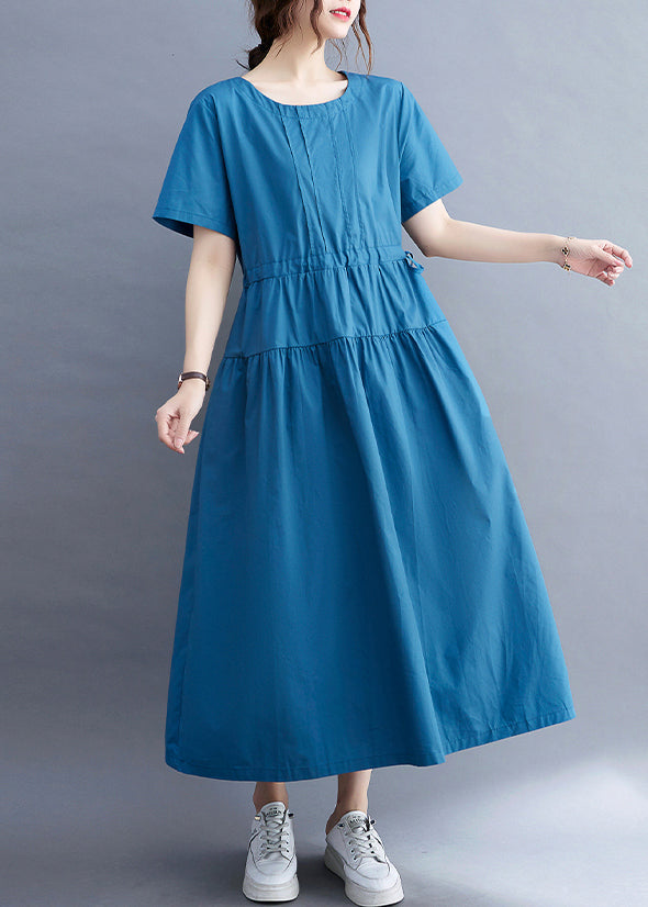 Slim Fit Blue Cinched Patchwork Cotton Maxi Dresses Summer