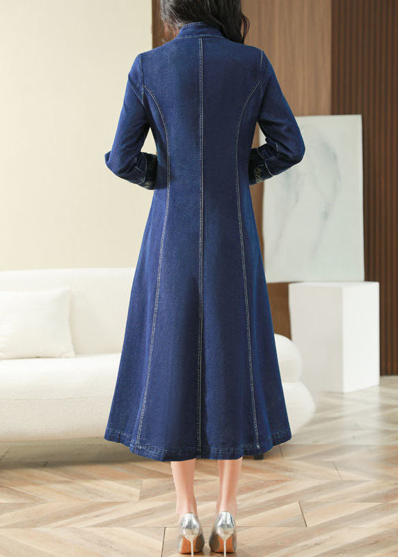 Slim Fit Blue Embroideried Chinese Button Exra Large Hem Denim Dress Spring