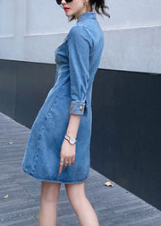 Slim Fit Blue Embroideried Floral Button Denim Mid Dresses Bracelet Sleeve