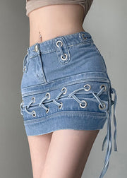 Slim Fit Blue Lace Up High WaistPatchwork Denim Skirts Summer