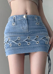 Slim Fit Blue Lace Up High WaistPatchwork Denim Skirts Summer