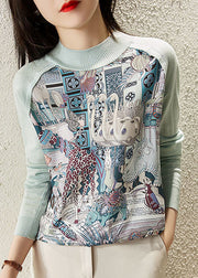 Slim Fit Blue O-Neck Print Chiffon Patchwork Knit Sweatshirt Long Sleeve