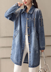 Slim Fit Blue Peter Pan Collar Embroideried Patchwork Button Denim Coat Spring