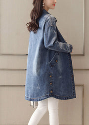 Slim Fit Blue Peter Pan Collar Embroideried Patchwork Button Denim Coat Spring