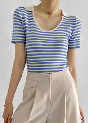 Slim Fit Blue U Neck Striped Patchwork Ice Silk Knit Top Short Sleeve