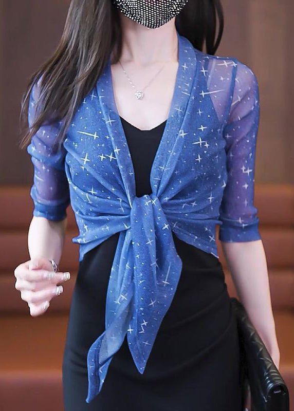 Slim Fit Blue V Neck Lace Up Tulle Cardigan Summer