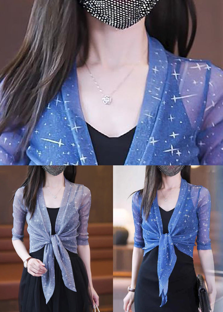 Slim Fit Blue V Neck Lace Up Tulle Cardigan Summer