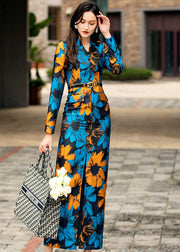 Slim Fit Blue V Neck Print Side Open Silk Wrap Dresses Spring