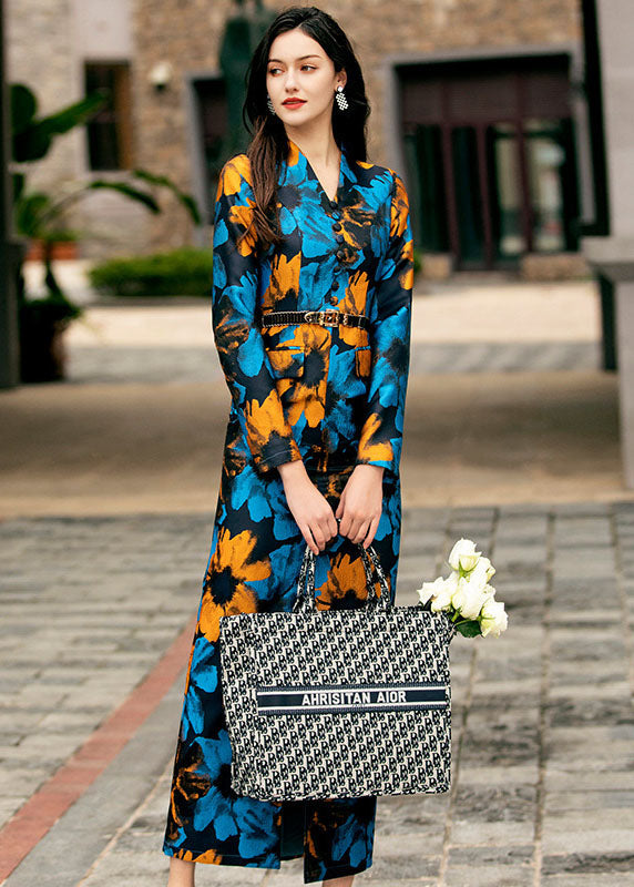 Slim Fit Blue V Neck Print Side Open Silk Wrap Dresses Spring