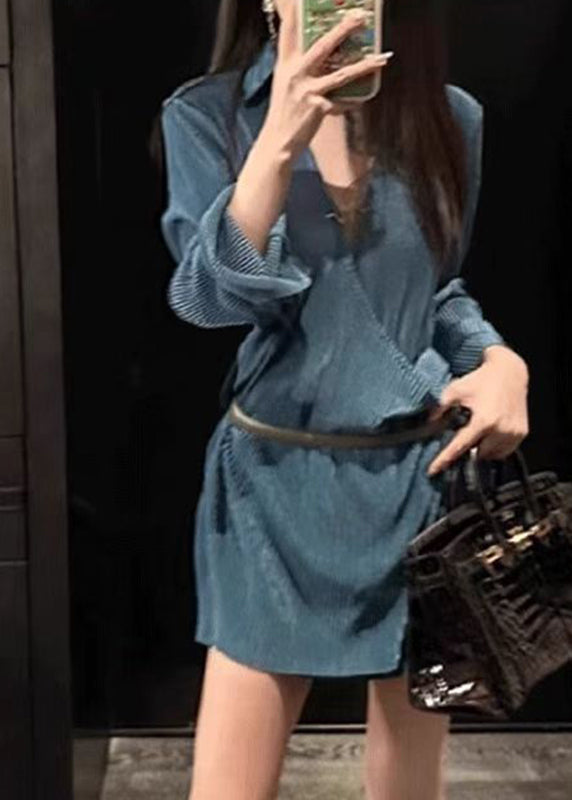 Slim Fit Blue V Neck Sashes Party Mid Dress Long Sleeve