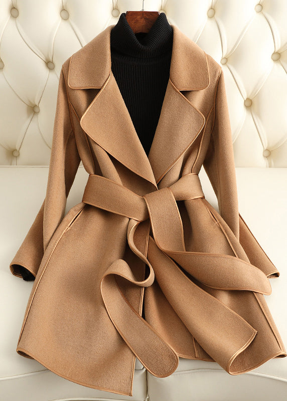 Slim Fit Camel Notched Tie Waist Woolen Coats Fall