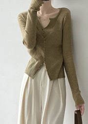 Slim Fit Coffee Patchwork Button Knit Cardigans Spring