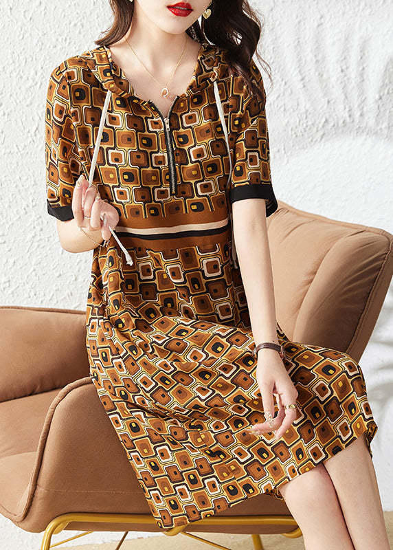 Slim Fit Coffee Print Zippered Hooded Chiffon Maxi Dress Summer