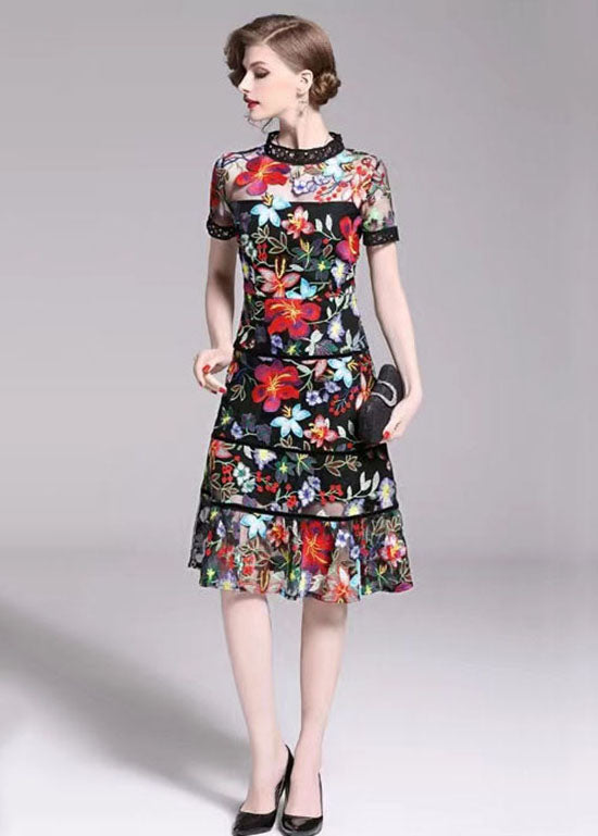 Slim Fit Floral Embroideried Patchwork Tulle Mid Dress Summer