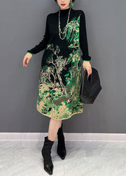 Slim Fit Green Hign Neck Print Knit Dress Winter