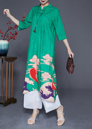 Slim Fit Green Mandarin Collar Chinese Button Print Silk Dresses Summer