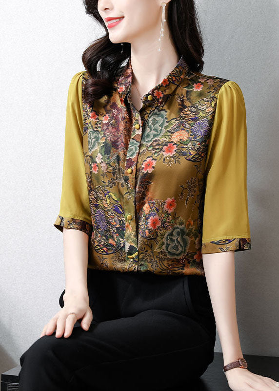 Slim Fit Green Peter Pan Collar Patchwork Print Silk Shirts Half Sleeve